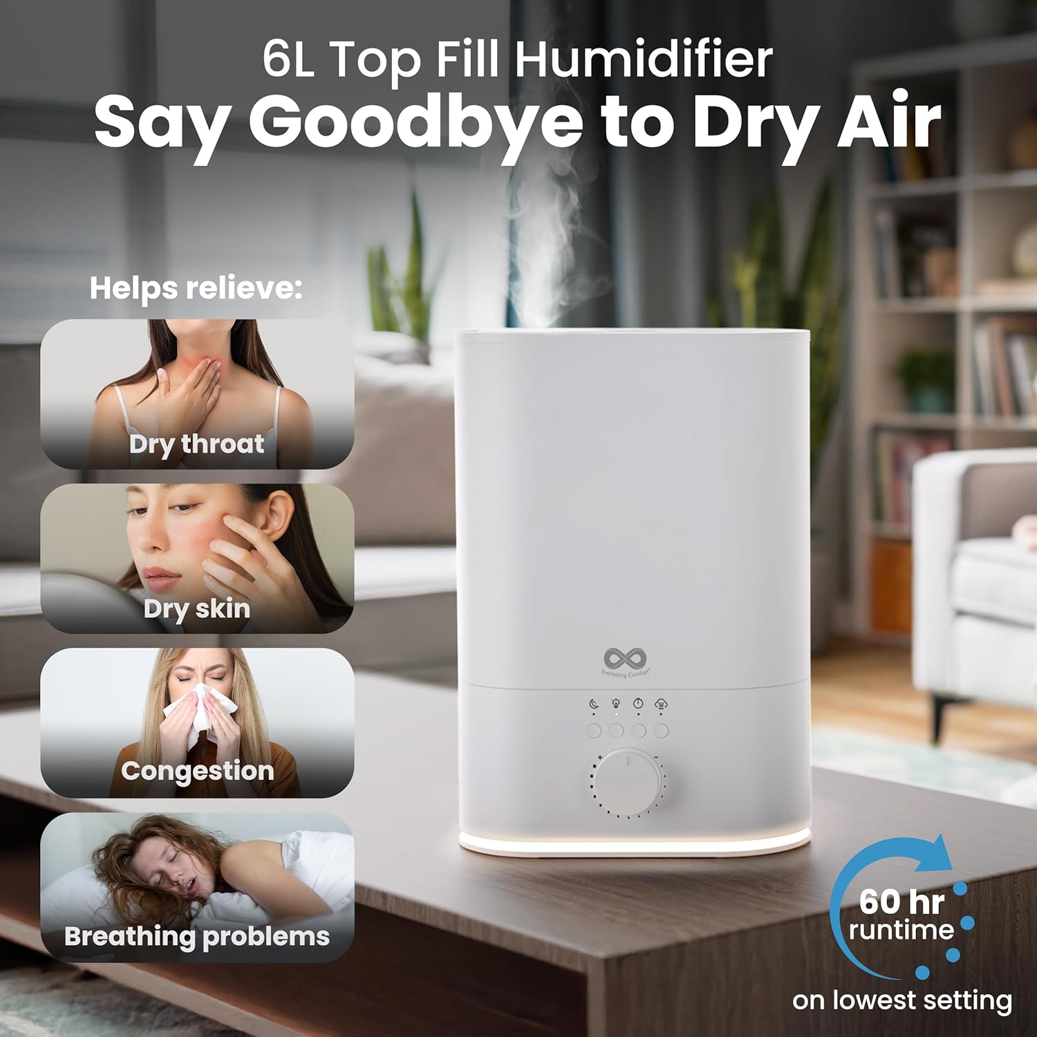 Everlasting Comfort Upgraded 6L Top Fill Humidifier Large Room & Bedroom, MAX Humidifier, Quiet Cool Mist - Image 8