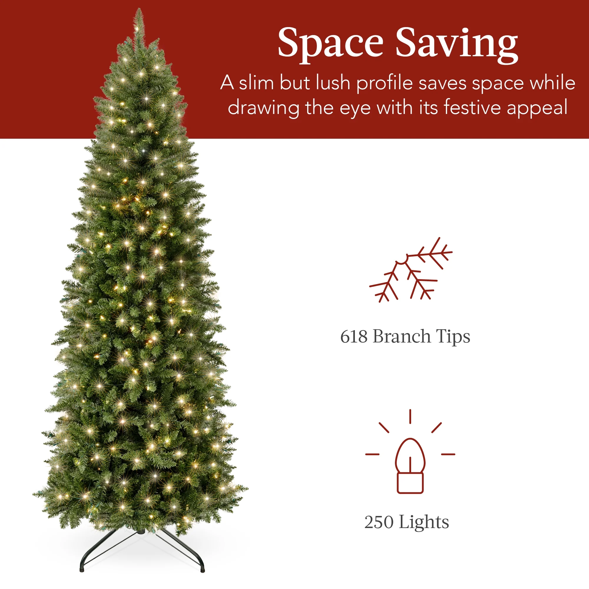 Best Choice Products 6ft Prelit Pencil Christmas Tree, Spruce Style Holiday Decor w/ 618 Tips, 250 Lights, Base