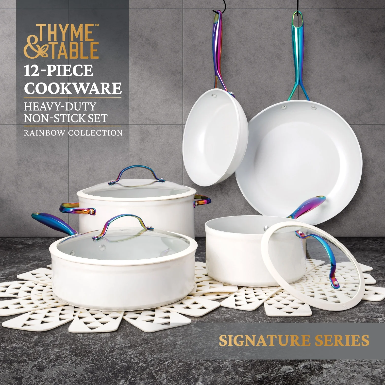 Thyme & Table Signature 12-Piece Cookware Set Non-Stick - Cream Rainbow