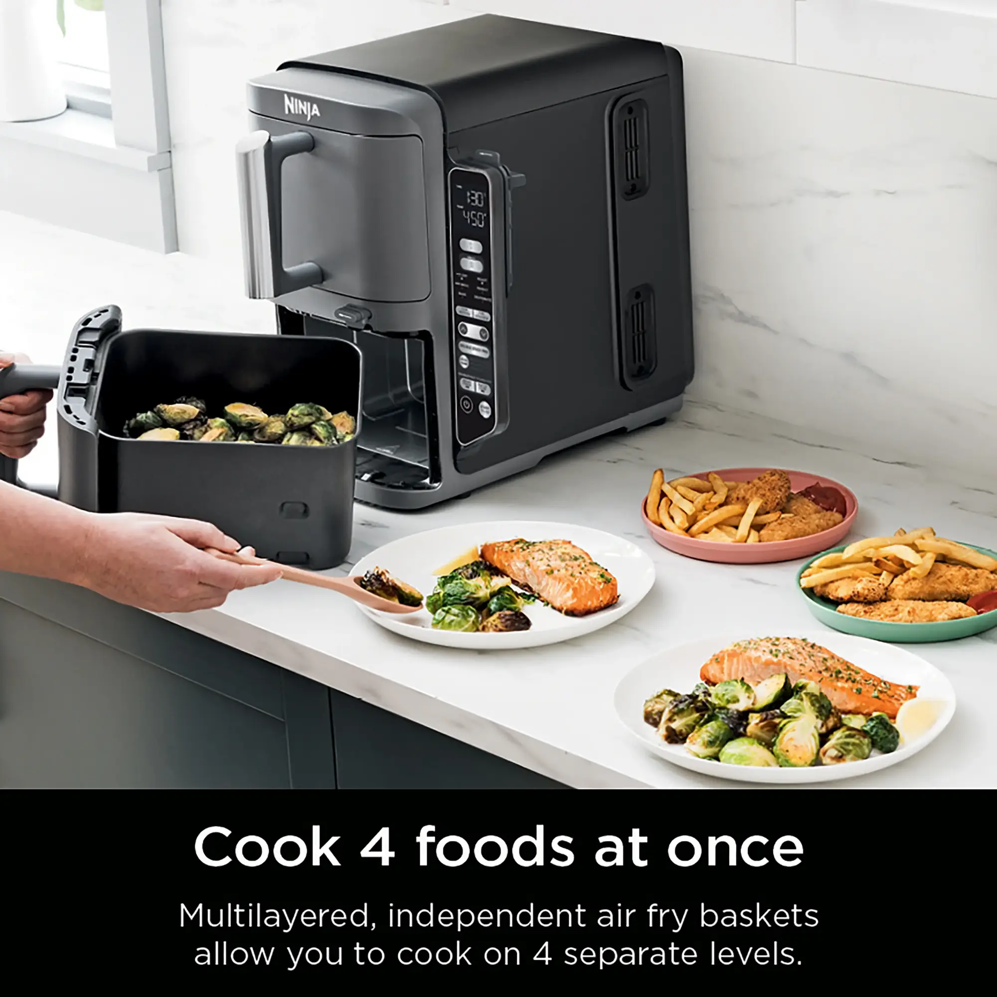 Ninja - Smart DoubleStack XL 2-Basket Air Fryer with Leave-in Thermometer, 10 QT, 6-in-1 Smart Cook System, Space Saving Design - Deep Gray