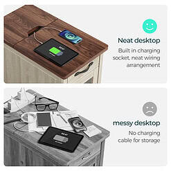 LINSY HOME End Tables with Charging Station, Nightstand for Bedroom with Drawer and Detachable Holder, Washed Grey & Brown