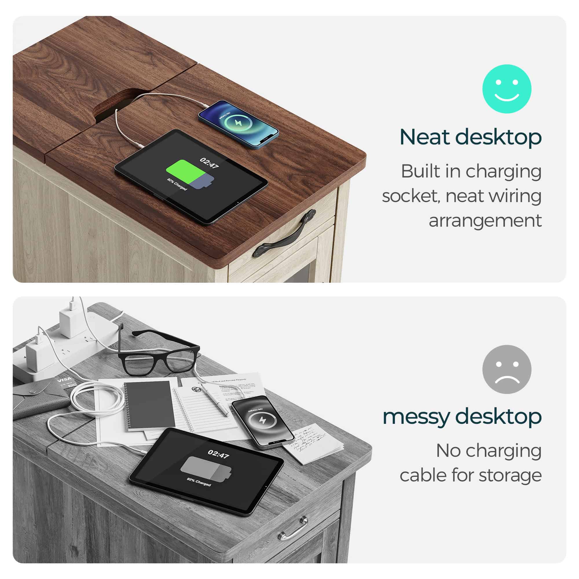 LINSY HOME End Tables with Charging Station, Nightstand for Bedroom with Drawer and Detachable Holder, Washed Grey & Brown
