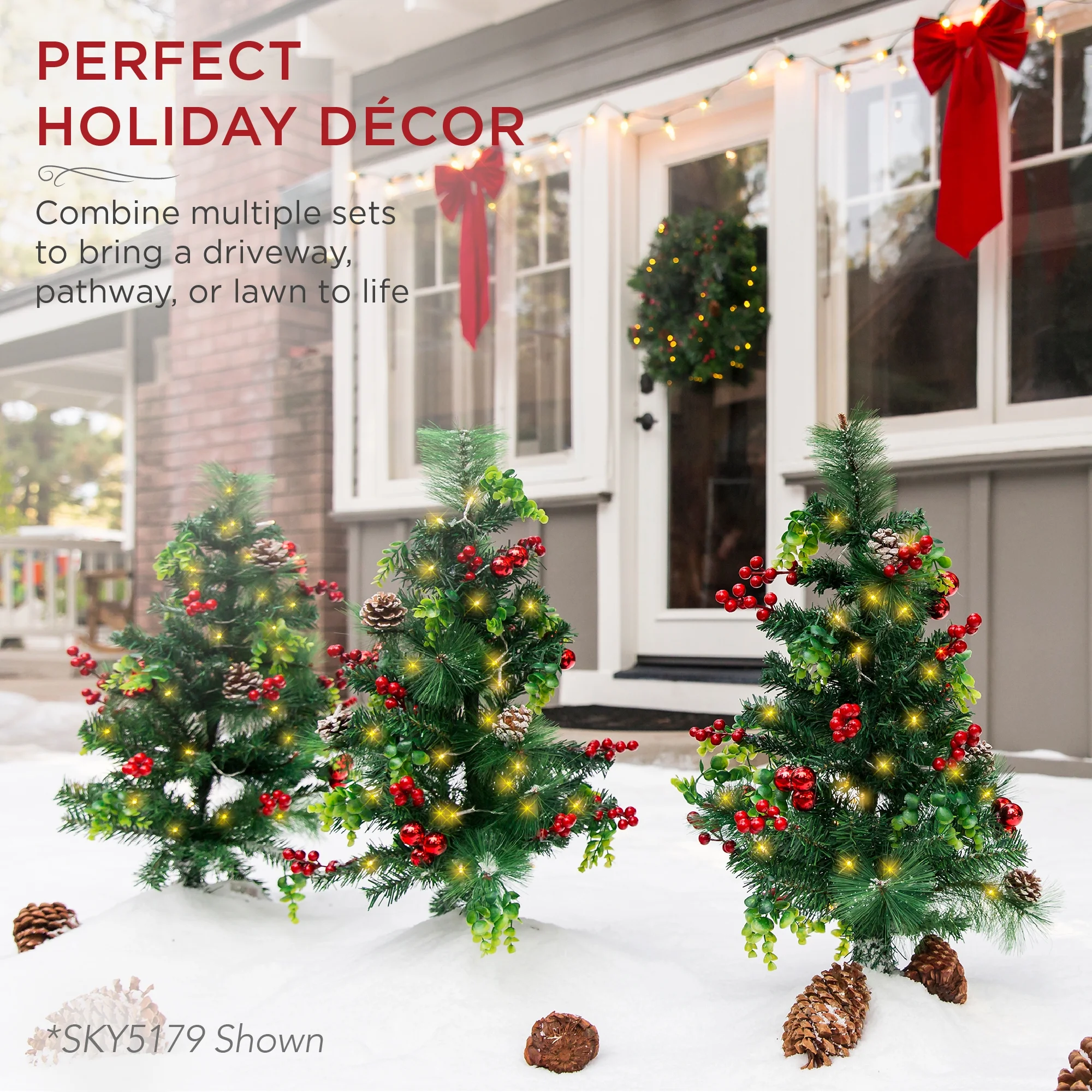 Best Choice Products Set of 2 24.5in Outdoor Scotch Pine Pathway Christmas Trees Decor w/ LED Lights, Pine Cones