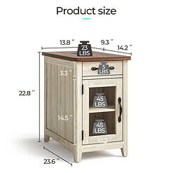 LINSY HOME End Tables with Charging Station, Nightstand for Bedroom with Drawer and Detachable Holder, Washed Grey & Brown