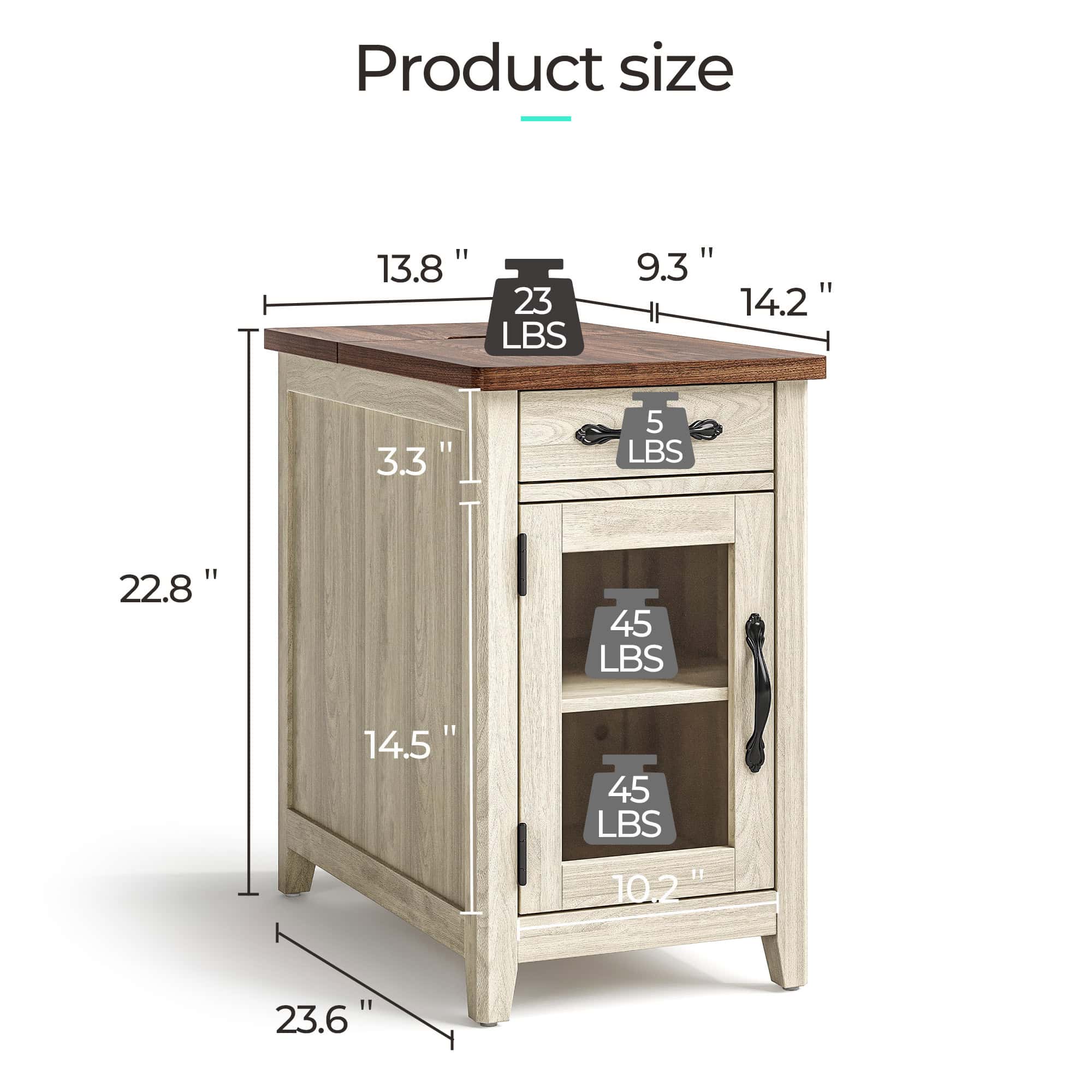 LINSY HOME End Tables with Charging Station, Nightstand for Bedroom with Drawer and Detachable Holder, Washed Grey & Brown