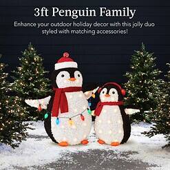 Best Choice Products 2-Piece Lighted Penguin Family, 3ft Pop-Up Outdoor Christmas Holiday Decoration - Red