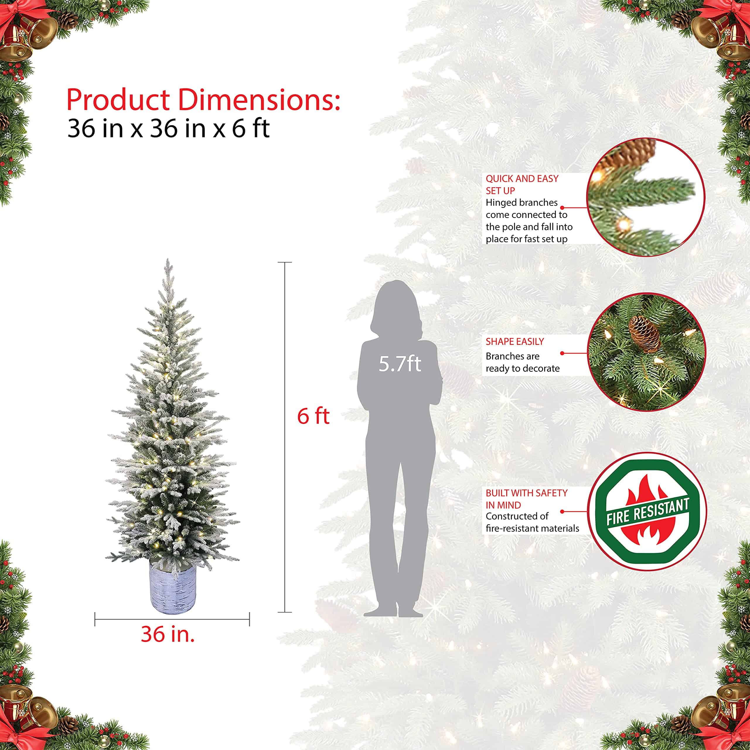 Puleo International Pre-Lit Potted Flocked Arctic Fir Pencil Artifical Artificial Christmas Tree, Green