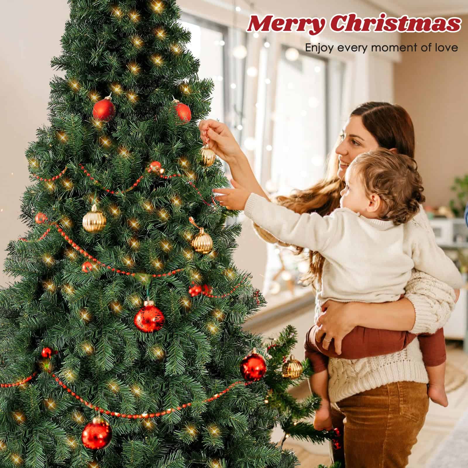 6.5ft Pre-Lit Artificial Holiday Christmas Spruce Tree for Home, Office, Party Decoration 750-Branch&250 Warm White Lights Tips