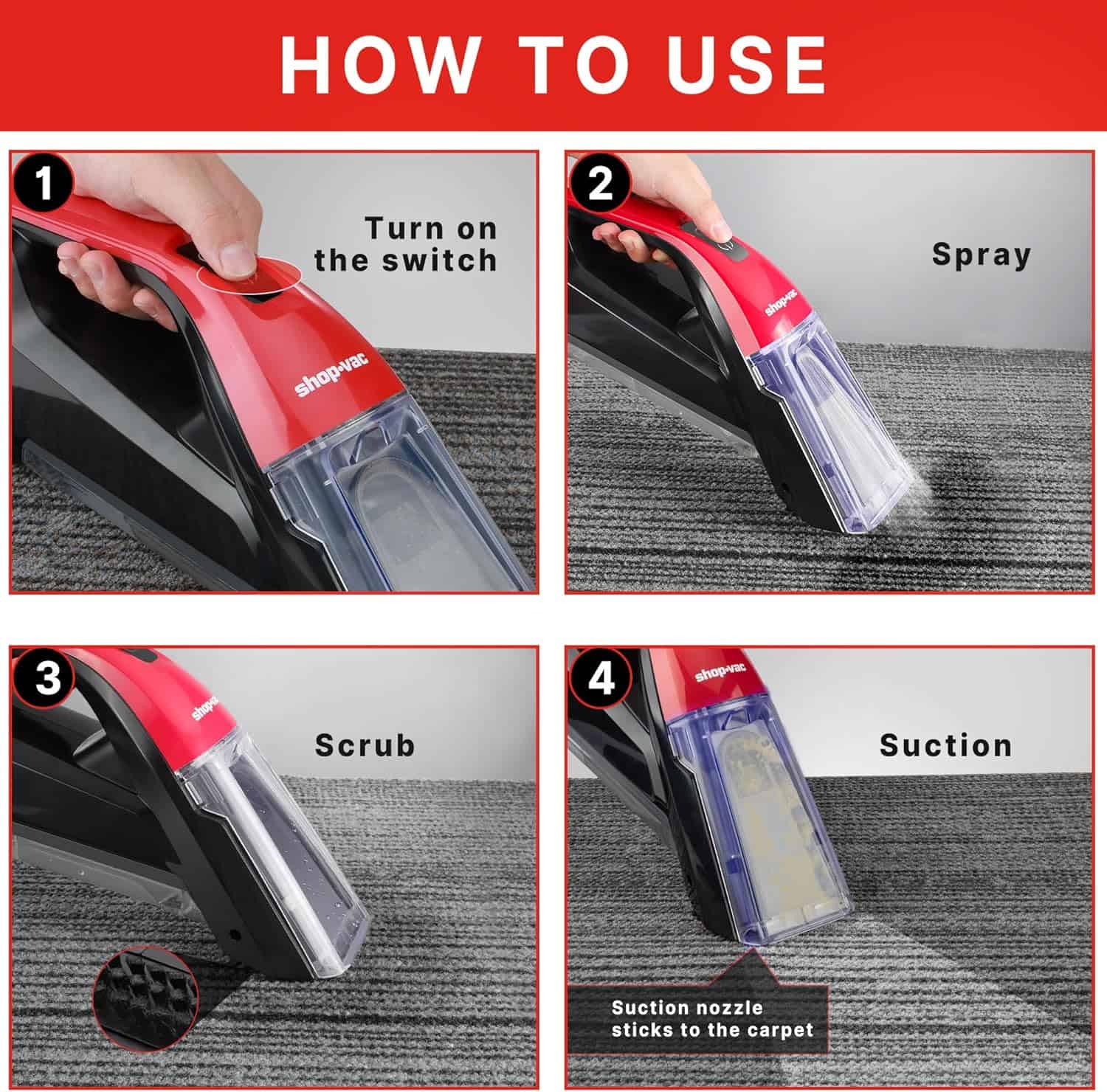 Shop-Vac Spot Cleaner for Carpet and Upholstery, Portable Cordless Carpet Cleaner, with 2 Bottle of 8 oz Spot & Stain Formula, Red