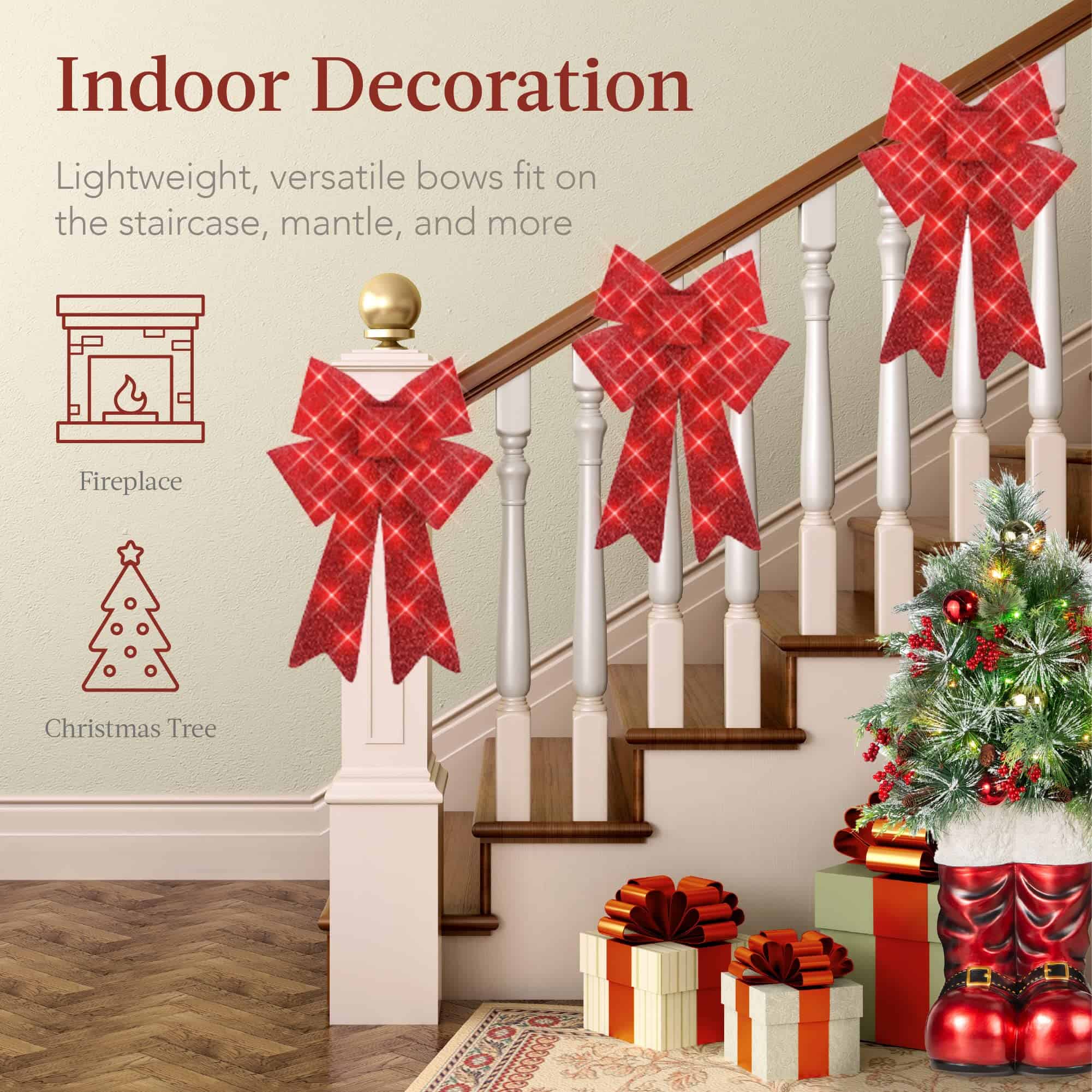 Best Choice Products Set of 3 Bows Pre-Lit Christmas Bow Decoration, Indoor/Outdoor LED Holiday Décor w/ 30 Lights - Red