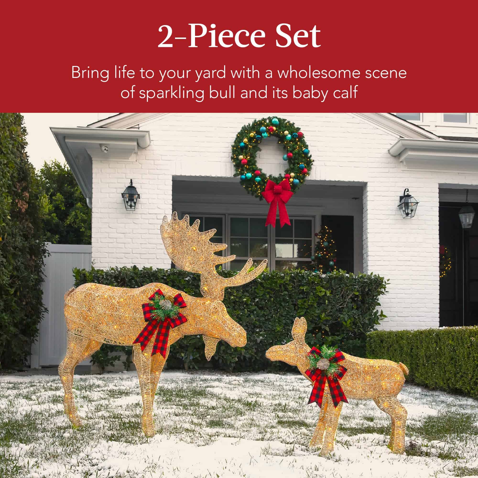 Best Choice Products 2-Piece Moose Family, Lighted Outdoor All-Weather Christmas Yard Decoration Light-Up Décor Set - Gold