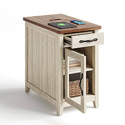 LINSY HOME End Tables with Charging Station, Nightstand for Bedroom with Drawer and Detachable Holder, Washed Grey & Brown