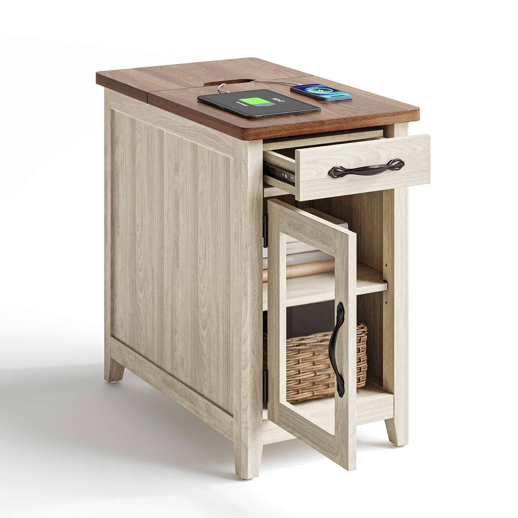 LINSY HOME End Tables with Charging Station, Nightstand for Bedroom with Drawer and Detachable Holder, Washed Grey & Brown