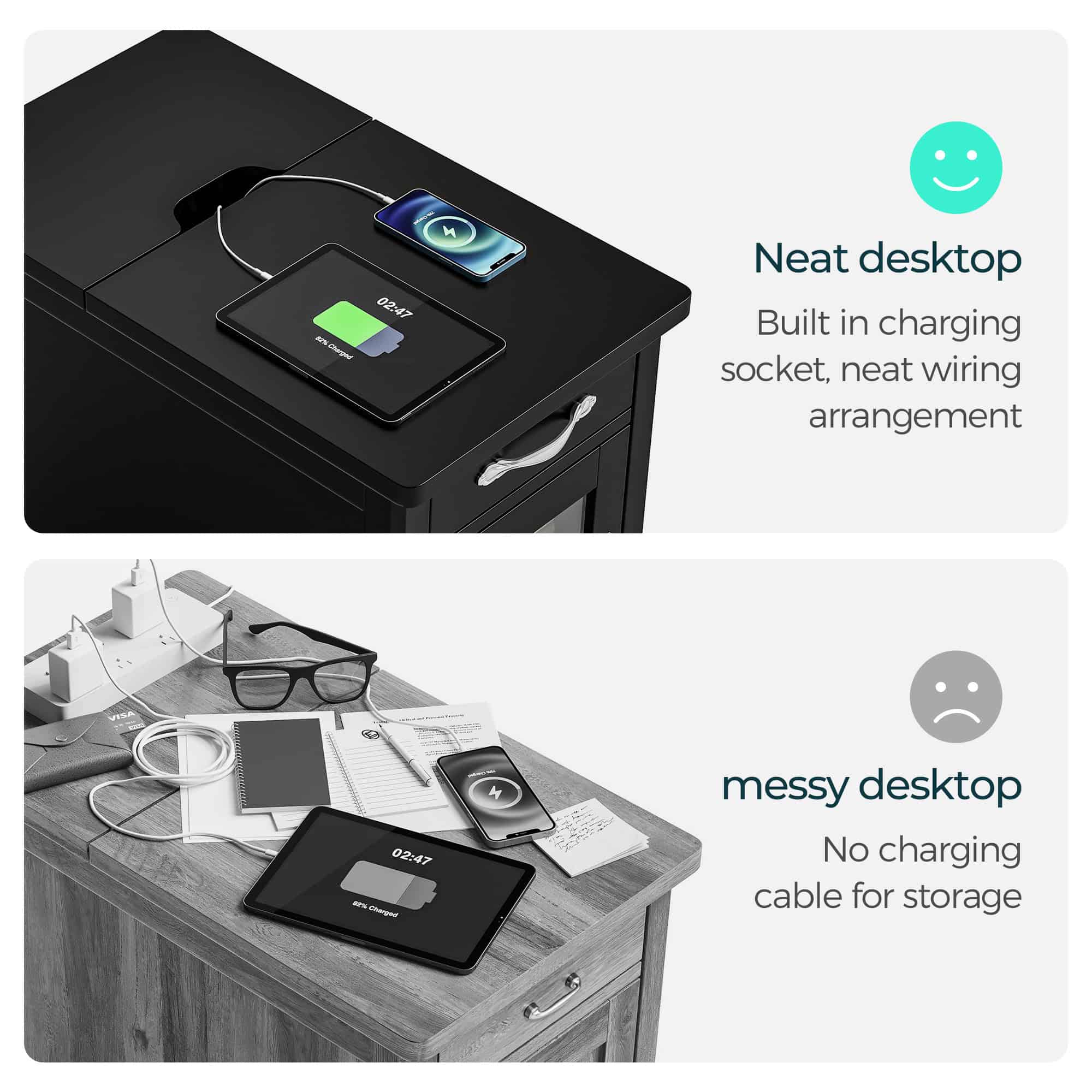 LINSY HOME End Tables for Living Room with Charging Station, Nightstand for Bedroom with Drawer and Detachable Holder,Black