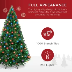 Best Choice Products 6ft Pre-Lit Premium Hinged Artificial Christmas Pine Tree w/ 1,000 Tips, 250 LED Lights, Metal Base