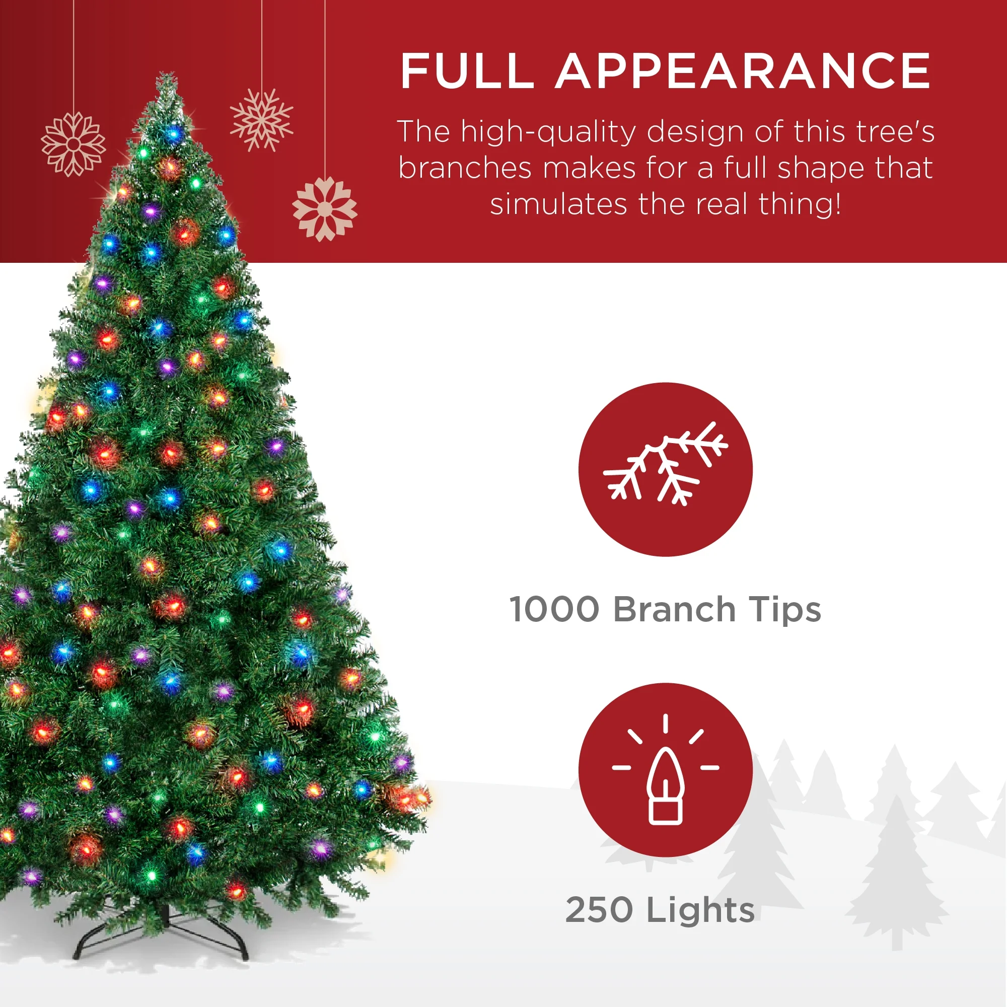 Best Choice Products 6ft Pre-Lit Premium Hinged Artificial Christmas Pine Tree w/ 1,000 Tips, 250 LED Lights, Metal Base