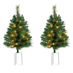 Best Choice Products Set of 2 24.5in Outdoor Scotch Pine Pathway Christmas Trees Decor w/ LED Lights, Pine Cones