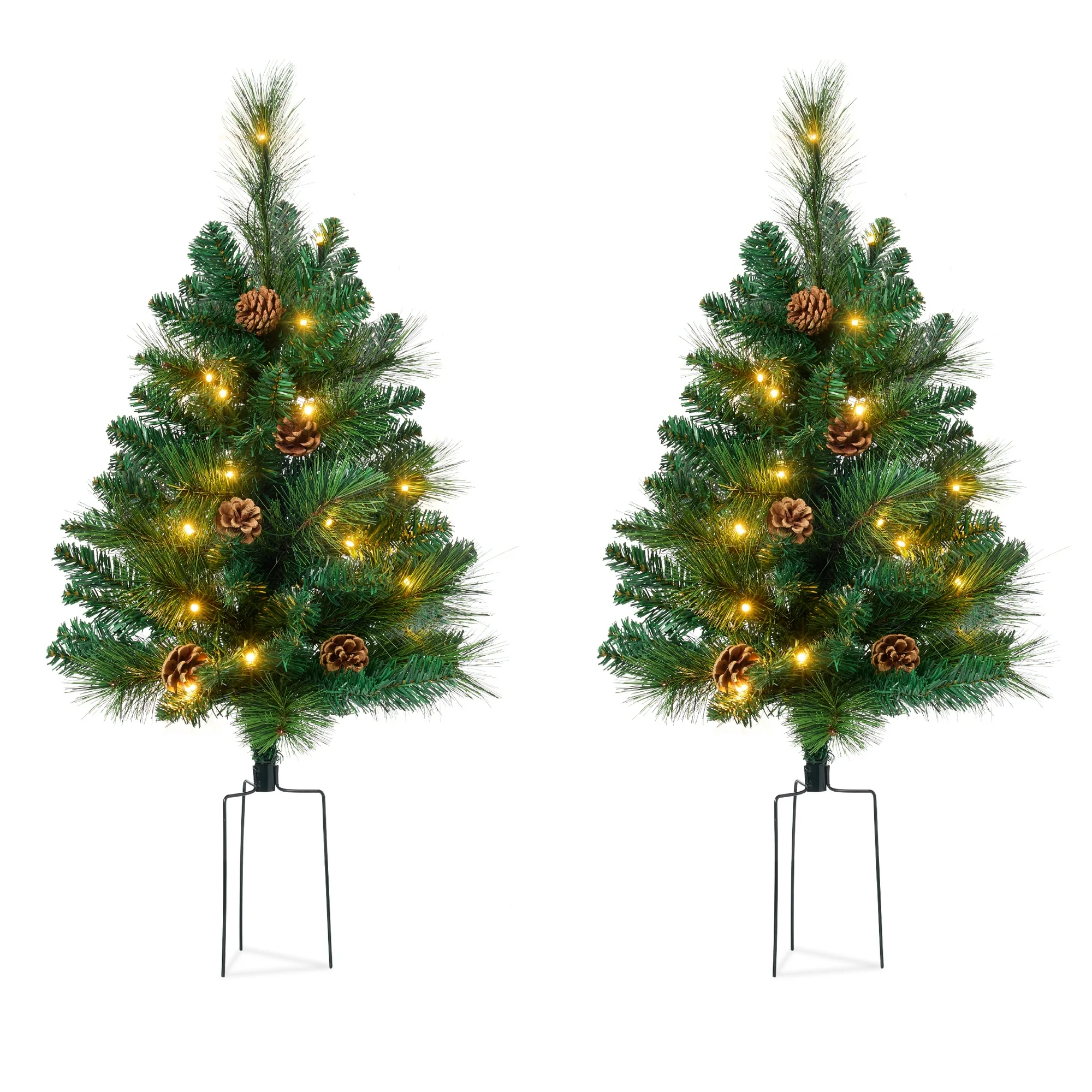 Best Choice Products Set of 2 24.5in Outdoor Scotch Pine Pathway Christmas Trees Decor w/ LED Lights, Pine Cones