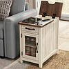 LINSY HOME End Tables with Charging Station, Nightstand for Bedroom with Drawer and Detachable Holder, Washed Grey & Brown