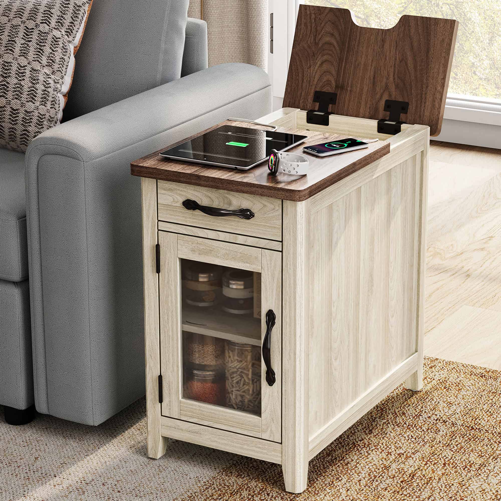 LINSY HOME End Tables with Charging Station, Nightstand for Bedroom with Drawer and Detachable Holder, Washed Grey & Brown