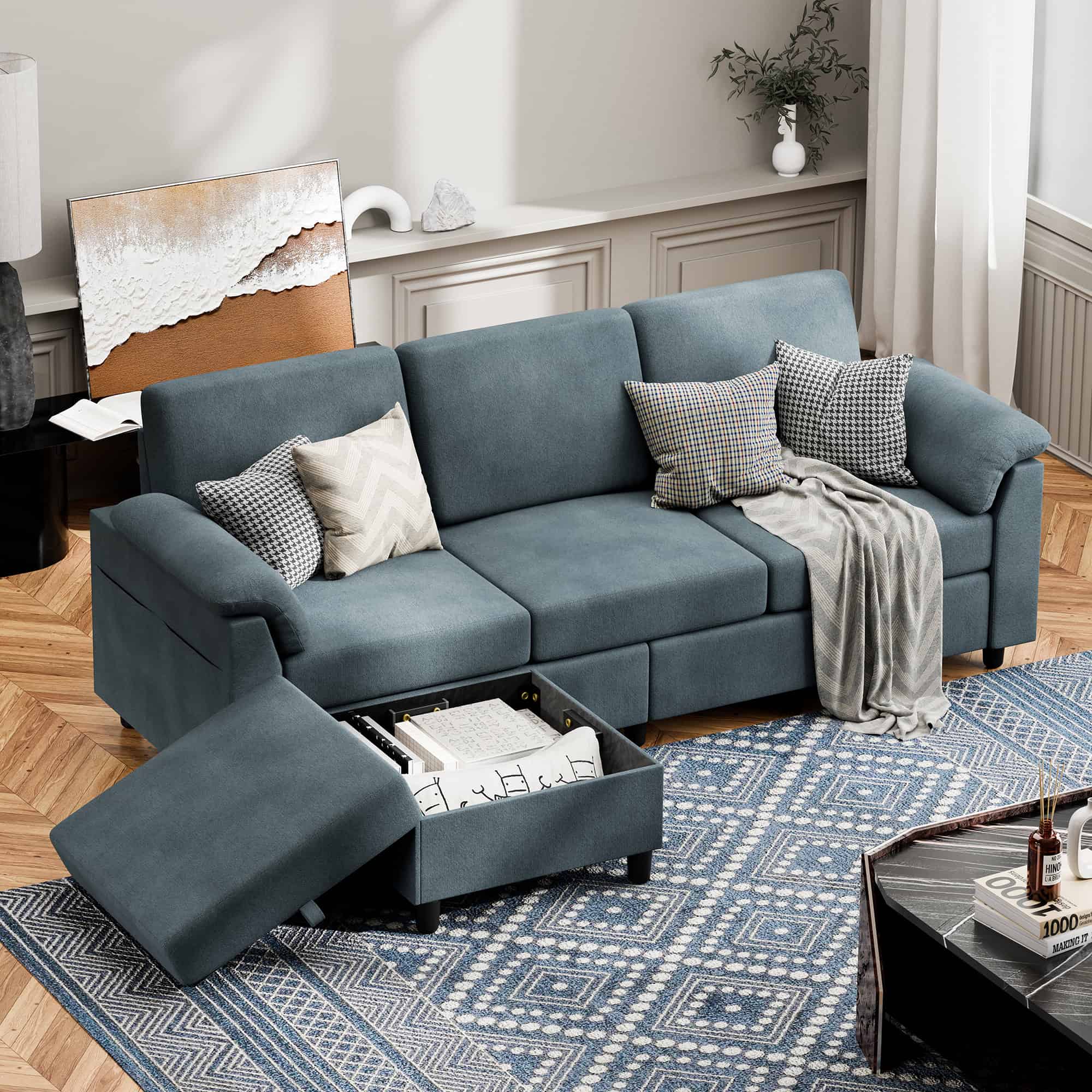 Walsunny 79" Convertible Sectional Sofa Couch With Ottoman, Linen Fabric L Shaped Sofa with Removable Pillows Dark Gray