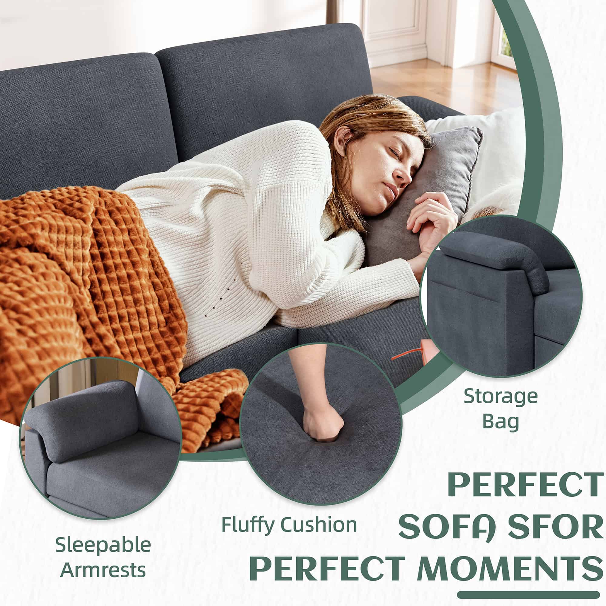 Walsunny 79" Convertible Sectional Sofa Couch With Ottoman, Linen Fabric L Shaped Sofa with Removable Pillows Dark Gray