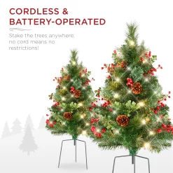 Best Choice Products Set of 2 24.5in Outdoor Pathway Christmas Trees Decor w/ LED Lights, Berries, Pine Cones, Ornaments