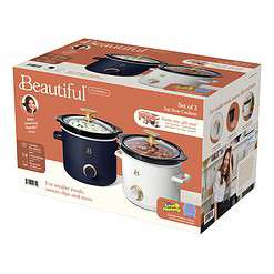 Beautiful 2 Qt Slow Cooker Set with Scrub Mommy, 2-Pack, White Icing and Starry Night by Drew Barrymore, Blue