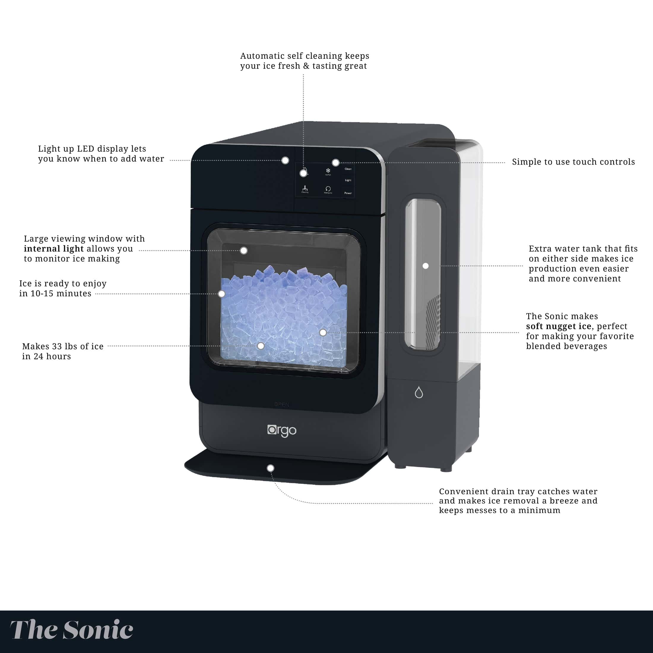 Orgo 33 lbs Capacity Sonic Countertop Ice Maker, Black