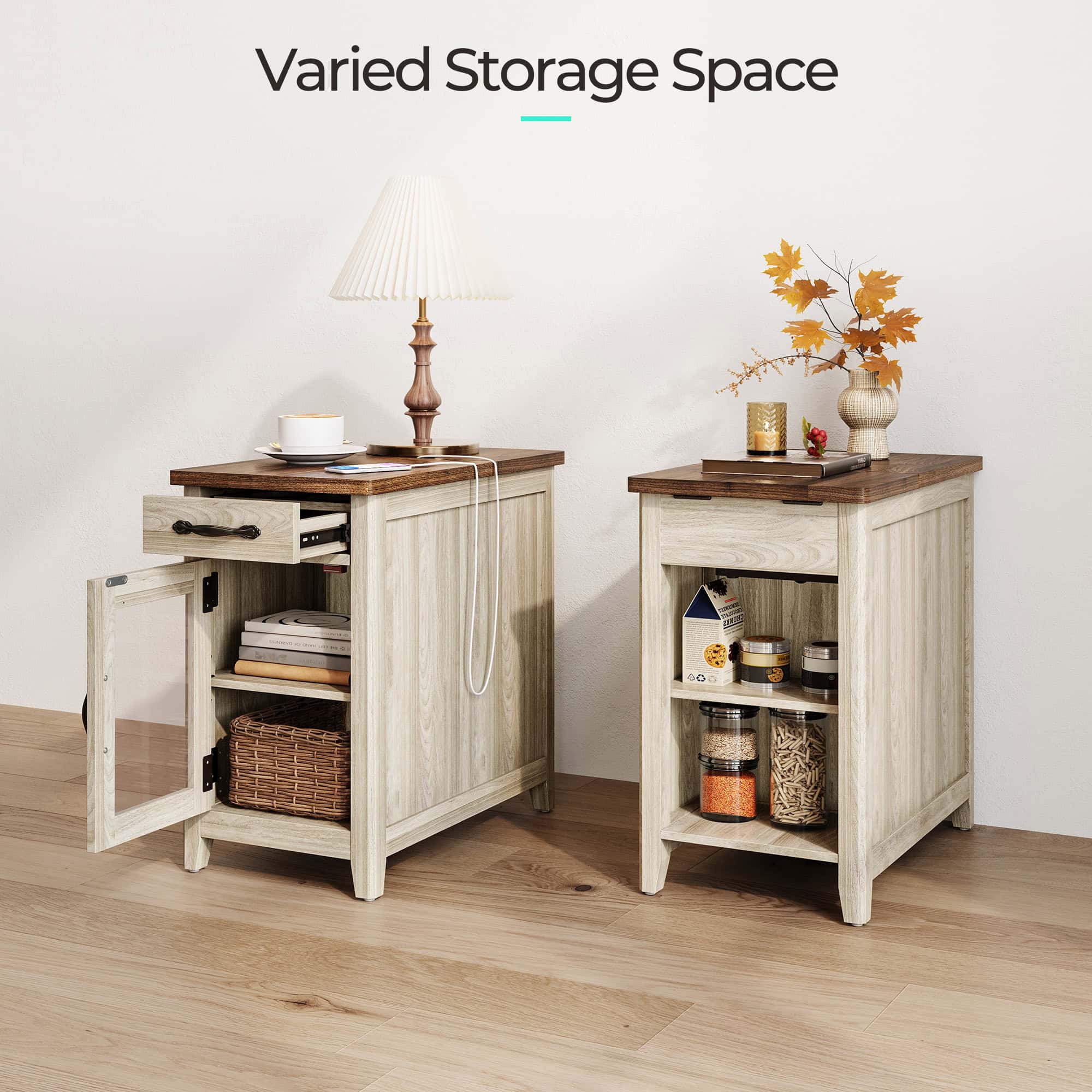 LINSY HOME End Tables with Charging Station, Nightstand for Bedroom with Drawer and Detachable Holder, Washed Grey & Brown