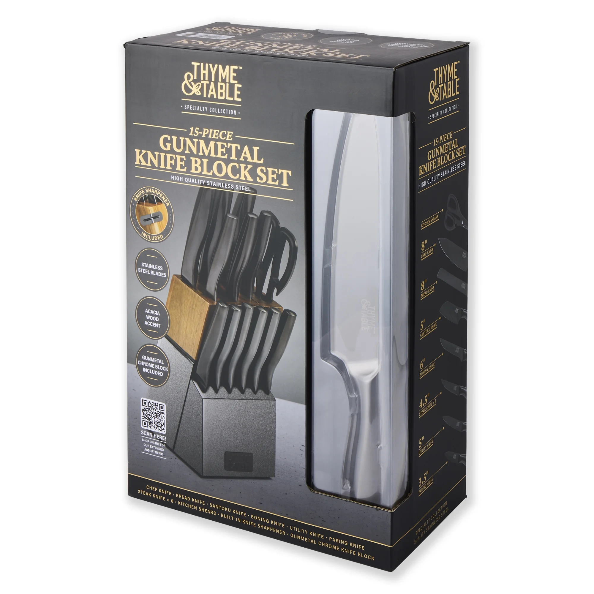 Thyme & Table 15-Piece Knife Block set with Sharpener, Gunmetal