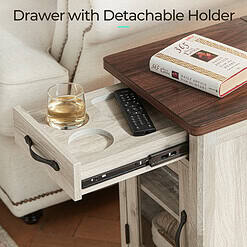 LINSY HOME End Tables with Charging Station, Nightstand for Bedroom with Drawer and Detachable Holder, Washed Grey & Brown