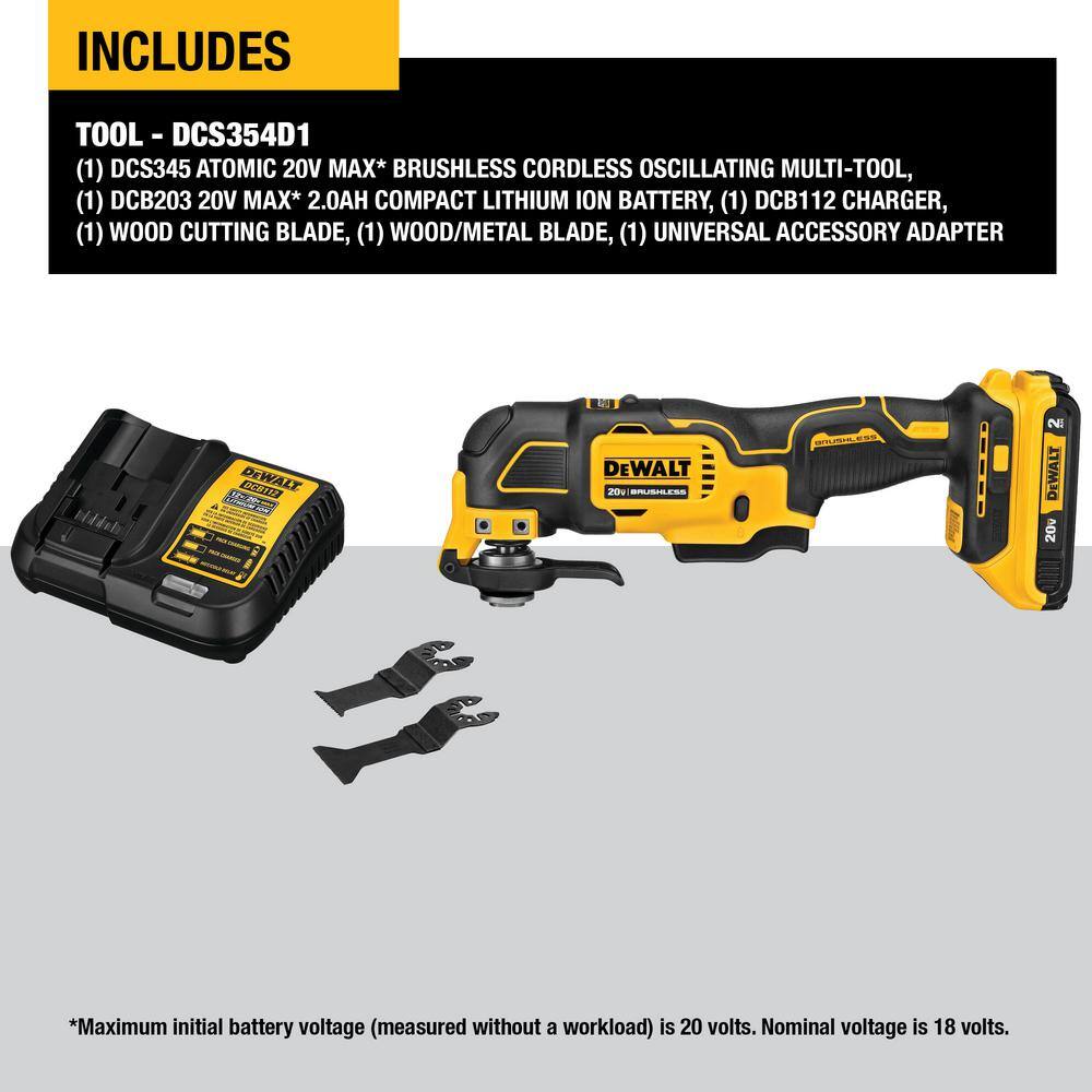 DEWALT ATOMIC 20V MAX Cordless Brushless Oscillating Multi Tool with (1) 20V 2.0Ah Battery and Charger