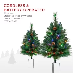 Best Choice Products Set of 2 24.5in Outdoor Scotch Pine Pathway Christmas Trees Decor w/ LED Lights, Pine Cones