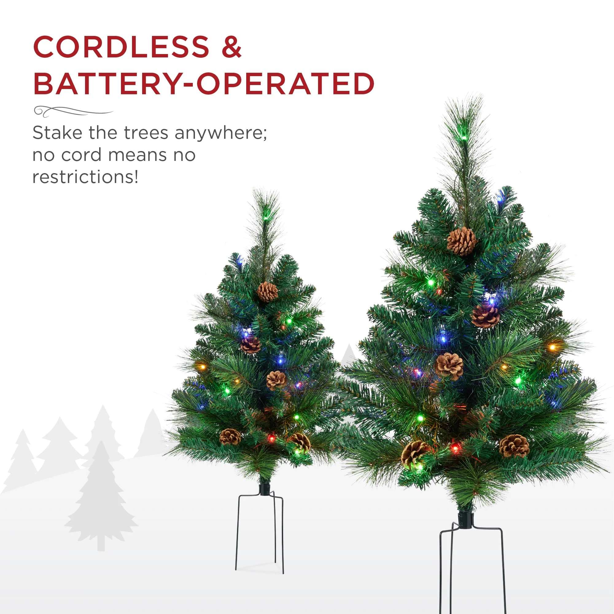 Best Choice Products Set of 2 24.5in Outdoor Scotch Pine Pathway Christmas Trees Decor w/ LED Lights, Pine Cones