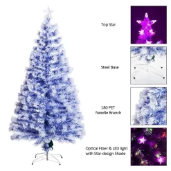 HOMCOM 5ft Tall Pre-Lit Douglas Fir Artificial Christmas Tree with Realistic Branches, Multi-Color LED Lights, Fiber Optics and 180 Tips - White/Blue