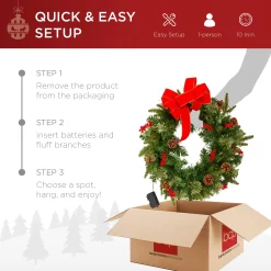 Best Choice Products 24in Pre-Lit Battery Powered Christmas Wreath Decoration w/ 70 Lights, 96 PVC Tips, Ribbons