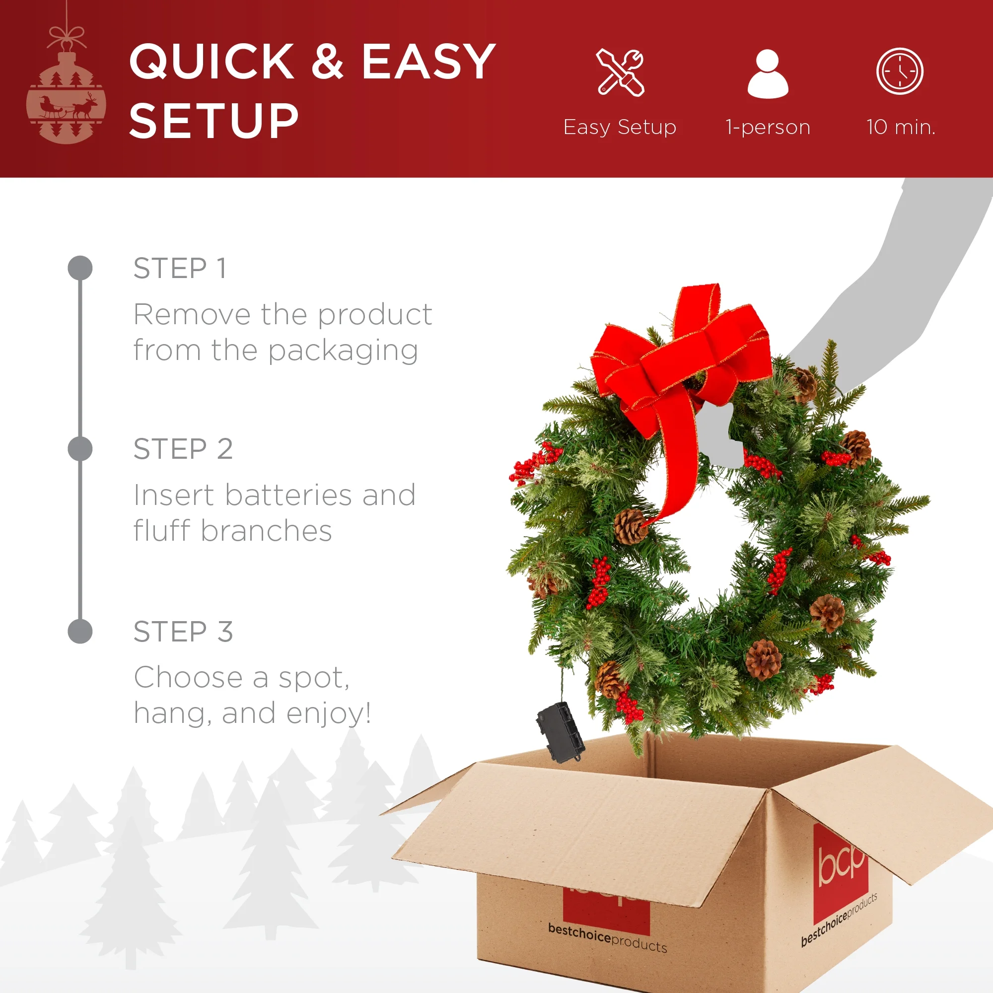 Best Choice Products 24in Pre-Lit Battery Powered Christmas Wreath Decoration w/ 70 Lights, 96 PVC Tips, Ribbons