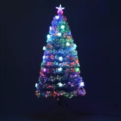 HOMCOM 5ft Tall Pre-Lit Douglas Fir Artificial Christmas Tree with Realistic Branches, Multi-Color LED Lights, Fiber Optics and 180 Tips - White/Blue