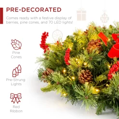 Best Choice Products 24in Pre-Lit Battery Powered Christmas Wreath Decoration w/ 70 Lights, 96 PVC Tips, Ribbons