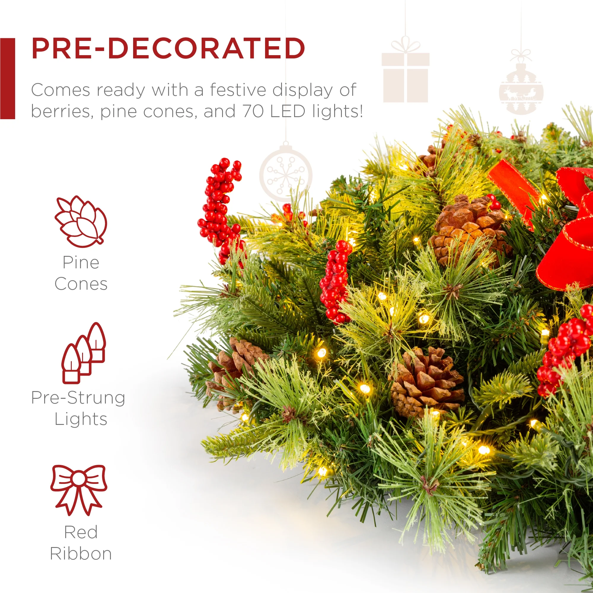 Best Choice Products 24in Pre-Lit Battery Powered Christmas Wreath Decoration w/ 70 Lights, 96 PVC Tips, Ribbons
