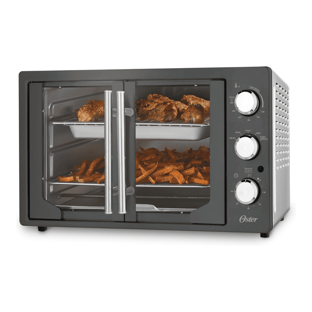 Oster Extra-Large French Door Air Fryer Countertop Oven, Stainless Steel, 60-Min Timer, 6 Cooking Functions, Versatile Accessories, Reduces Energy and Cooking Time