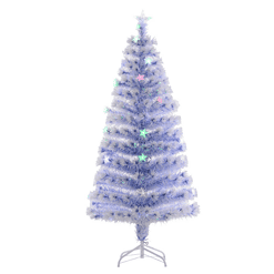 HOMCOM 5ft Tall Pre-Lit Douglas Fir Artificial Christmas Tree with Realistic Branches, Multi-Color LED Lights, Fiber Optics and 180 Tips - White/Blue