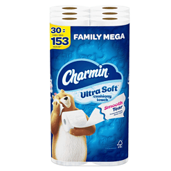 Charmin Toilet Paper Ultra Soft Cushiony Touch, 30 Family Mega Rolls = 153 Regular Rolls