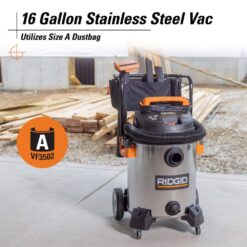 RIDGID WD1956 16 Gallon 6.5 Peak HP Stainless Steel Shop Vac Wet Dry Vacuum with Fine Dust Filter, Hose and Accessory Attachments