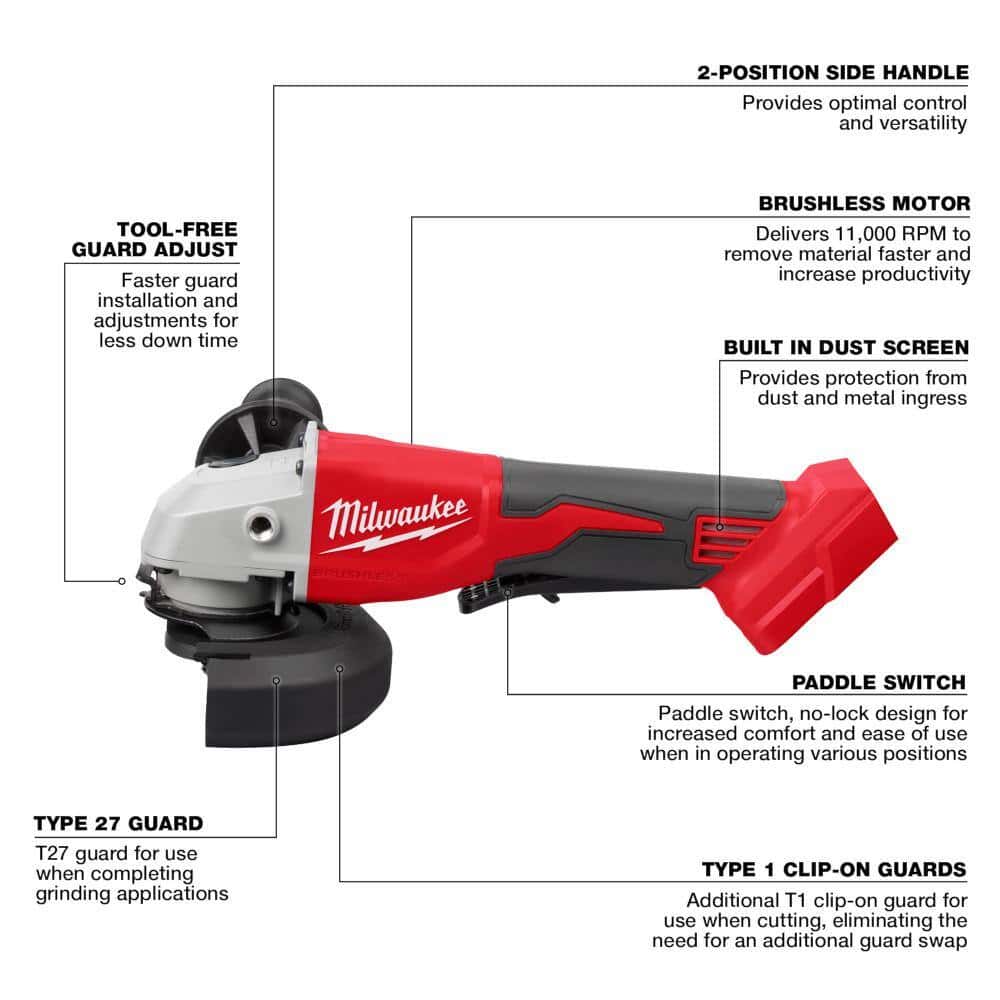 Milwaukee M18 18V Lithium-Ion Brushless Cordless 4-1/2 in./5 in. Grinder w/Paddle Switch (Tool-Only)
