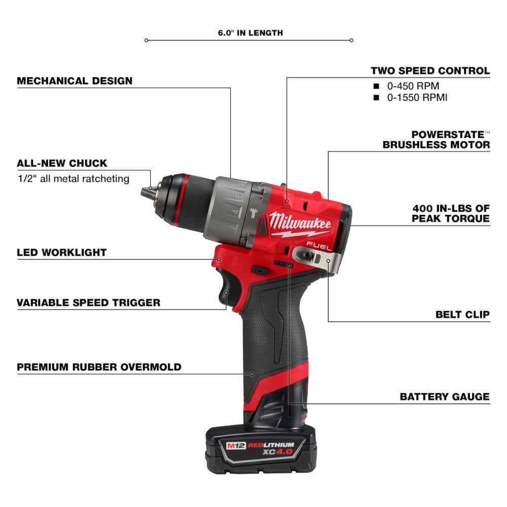Milwaukee M12 FUEL 12-Volt Lithium-Ion Brushless Cordless 1/2 in. Hammer Drill Kit with 1 Compact 2.0Ah Battery Pack and 1 Charger
