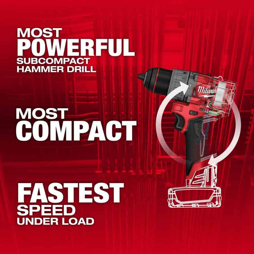 Milwaukee M12 FUEL 12-Volt Lithium-Ion Brushless Cordless 1/2 in. Hammer Drill Kit with 1 Compact 2.0Ah Battery Pack and 1 Charger