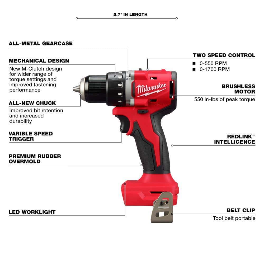 Milwaukee M18 18V Lithium-Ion Brushless Cordless 1/2 in. Compact Drill/Driver (Tool-Only)