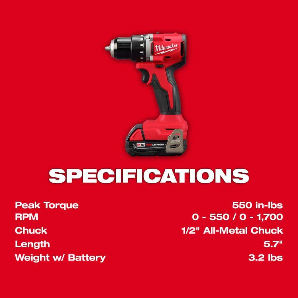 Milwaukee 3601-22CT M18 18V Lithium-Ion Brushless Cordless 1/2 in. Compact Drill/Driver Kit with Two 2.0 Ah Batteries, Charger and Case